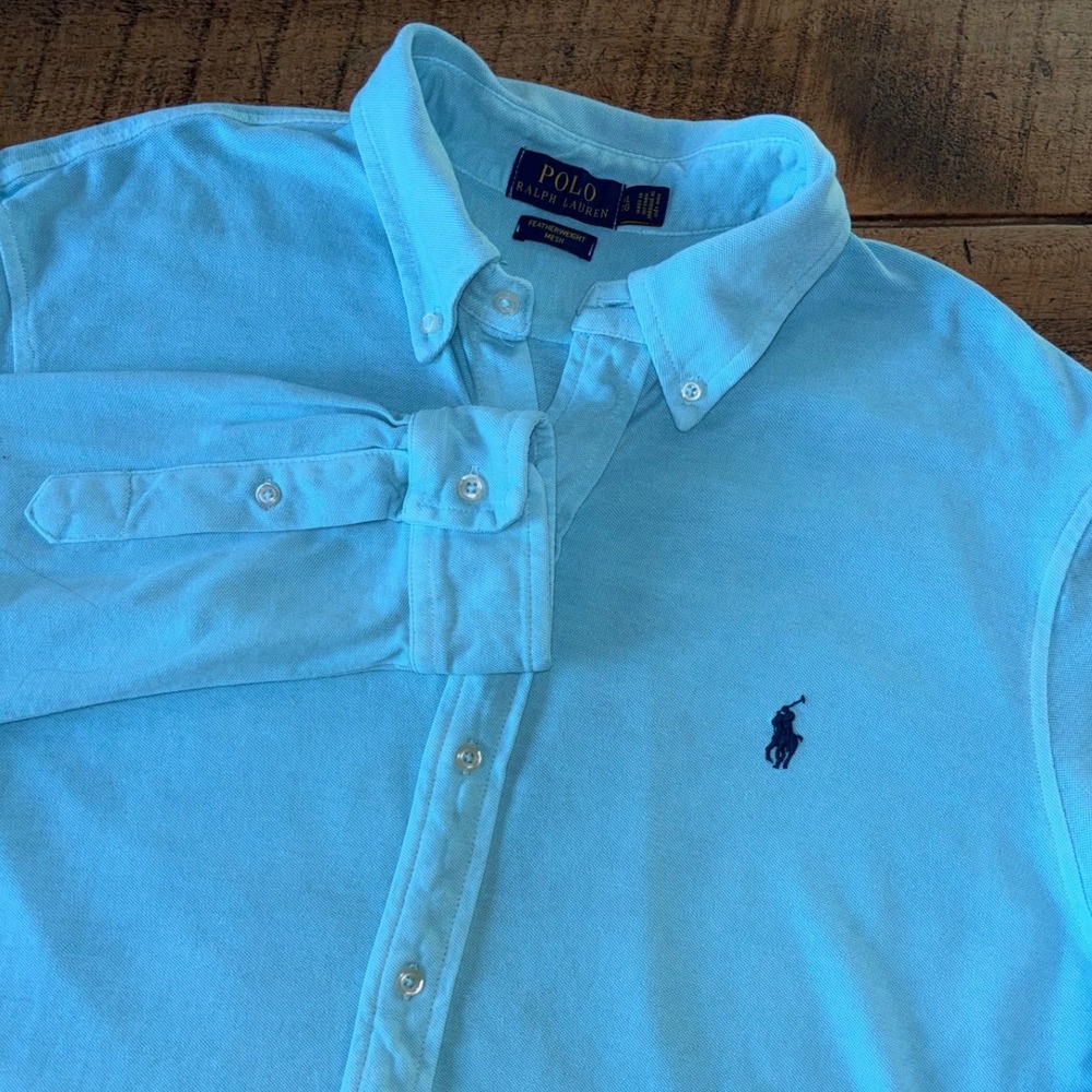 Polo Ralph Lauren Mens Featherweight Mesh Blue Long Sleeve Button Down Logo XL